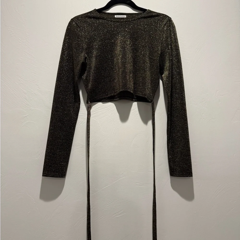 Reformation Black and Gold Tie Front Crop Top